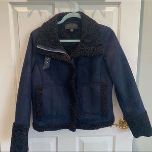 Ann Taylor Faux Suede/Shearling Jacket, Navy/Black Size 4